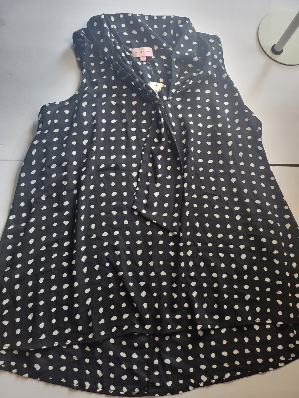 Molly & Isadora Black and White Polka Dot Tie-Neck Blouse